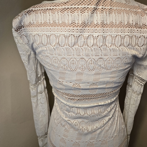 BCBG Maxazria Size XS White Tan Alice Mixed Lace Sheer long sleeve Sheath Dress - Picture 5 of 15